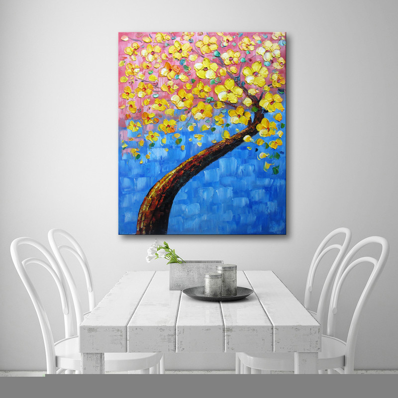 Palette Knife Painting "yellow Tree" Wall Decor flower oil Painting On Canvas yellow blue - Click Image to Close